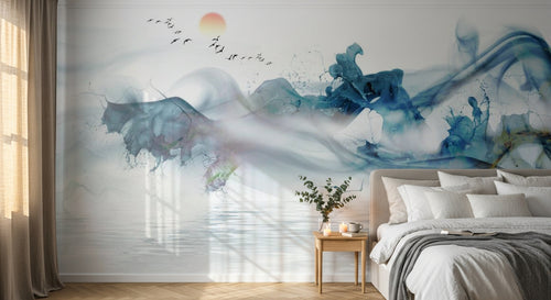 Design ZX0658 — Papier peint Paysage encre fluide bleu soleil orange — Novomur