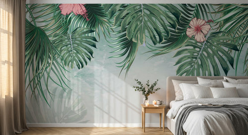 Design ZX0680 — Papier peint Monstera palmes hibiscus pastel — Novomur