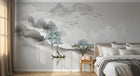 Design ZX0681 — Papier peint Paysage encre pavillons voiliers turquoise — Novomur