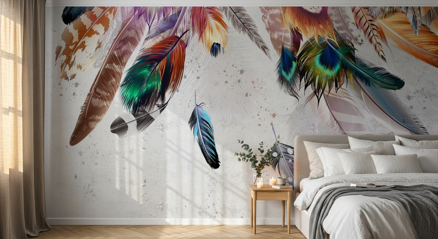 Design ZX0685 — Papier peint Plumes multicolores attrape-reves boho — Novomur