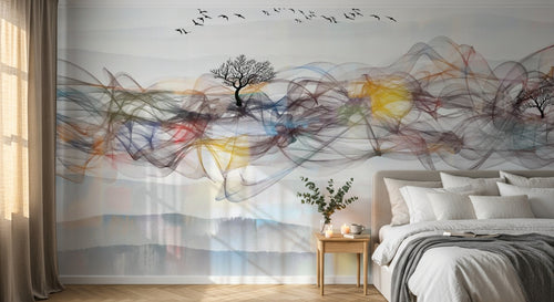 Design ZX0690 — Papier peint Vagues abstraites arbres oiseaux paysage — Novomur