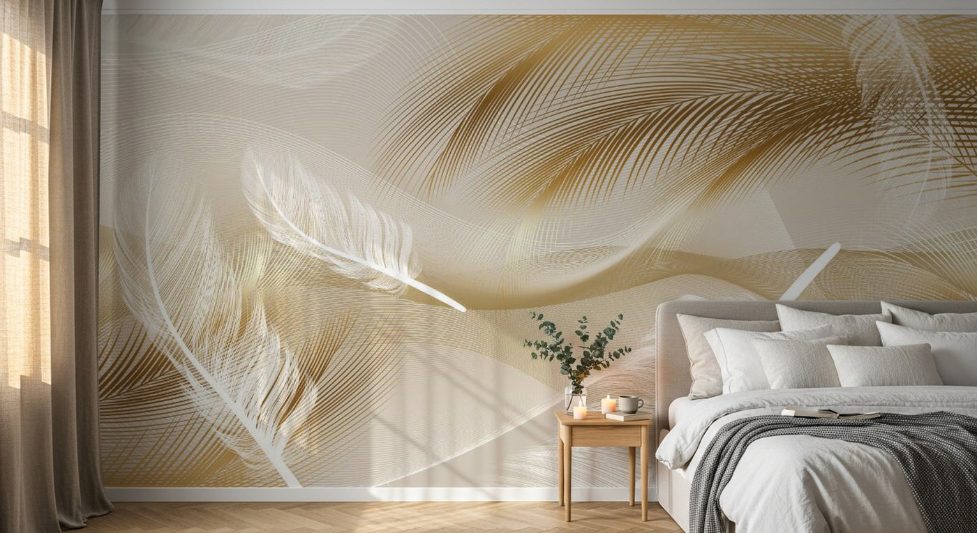 Design ZX0693 — Papier peint Plumes blanches lignes dorees beige — Novomur