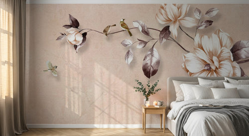 Design ZX0696 — Papier peint Branche fleurs blanches oiseaux beige — Novomur