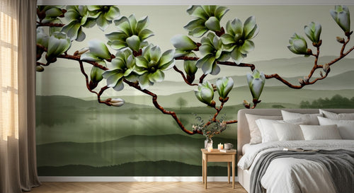 Design ZX0743 — Papier peint Magnolia vert paysage brumeux lac — Novomur