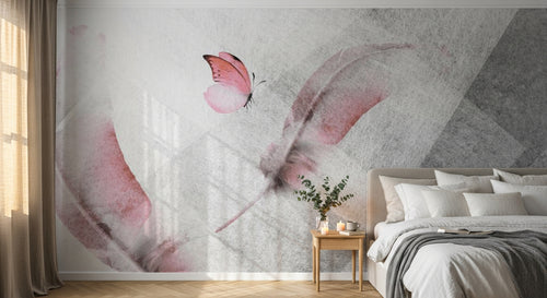 Design ZX0751 — Papier peint Plumes roses papillon fond gris triangles — Novomur