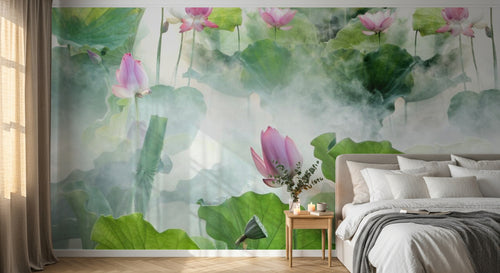 Design ZX0754 — Papier peint Lotus rose vif feuilles vert brume — Novomur