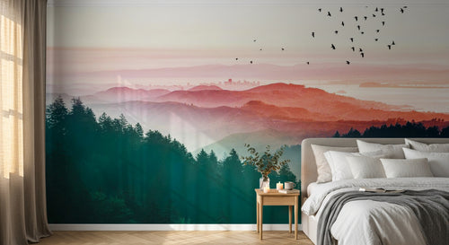 Design ZX0757 — Papier peint Foret aerienne degrade soleil oiseaux — Novomur