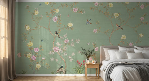 Design ZX0767 — Papier peint Chinoiserie branches fleurs oiseaux fond sauge — Novomur