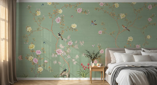 Design ZX0767 — Papier peint Chinoiserie branches fleurs oiseaux fond sauge — Novomur
