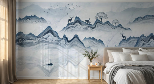 Design ZX0768 — Papier peint Paysage encre montagne cerfs barque — Novomur