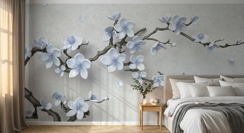 Design ZX0795 — Papier peint Cerisier blanc bleu 3D relief beige — Novomur