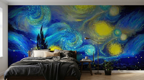 Design SL0183 — Papier peint Nuit etoilee Van Gogh tourbillons bleu — Novomur