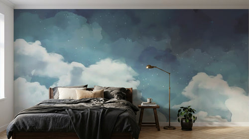 Design ZX0660 — Papier peint Nuages blancs ciel bleu nuit etoile — Novomur