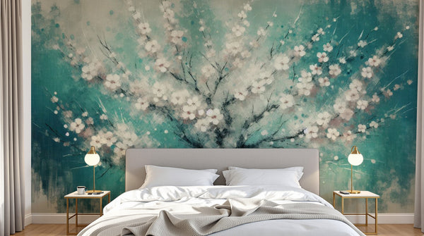 variant:A0051 | chambre_05_headboard — Cerisier Zen Vert Sauge — papier peint Novomur