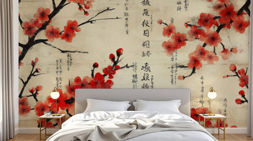 Design A0574 — Papier peint Cerisier Rouge Encre Asiatique — Novomur