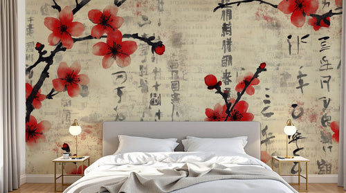 Design A0575 — Papier peint Cerisier Rouge Encre Asiatique — Novomur