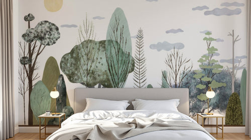 Design B032 — Papier peint Foret stylisee scandinave arbres minimalistes — Novomur