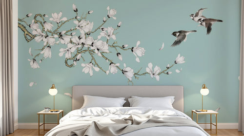 Papier peint Cerisier Gris Perle - Sur mesure - Design C0654