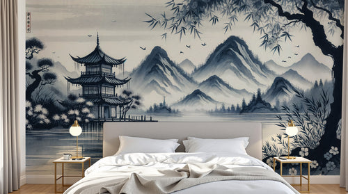 Design F0193 — Papier peint Asie Encre Bleue — Novomur