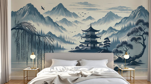 Design F0241 — Papier peint Asie Encre Bleue — Novomur