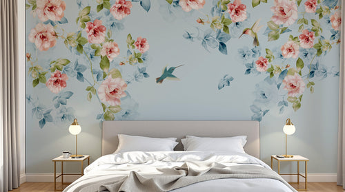 Design FC015 — Papier peint Floral romantique roses colibris fond bleu — Novomur