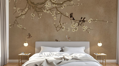 Design FC026 — Papier peint Chinoiserie prunier en fleurs et oiseaux — Novomur