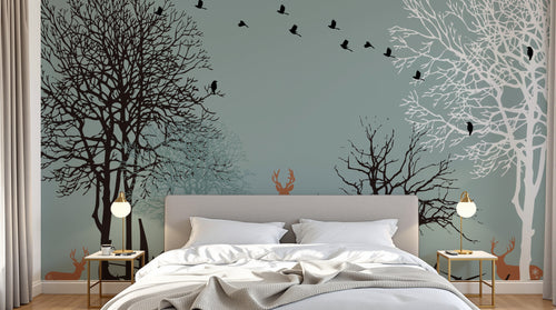 Design FC116 — Papier peint Foret hiver cerfs sautant migration — Novomur