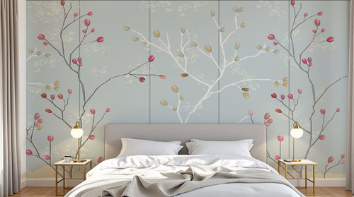 Design FC121 — Papier peint Branches baies rouges fond bleu pale — Novomur