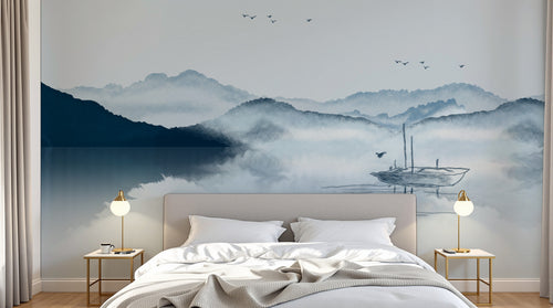 Design FC183 — Papier peint Paysage encre asiatique montagnes lac — Novomur