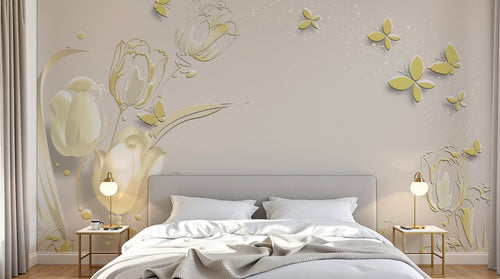 Design FC198 — Papier peint Tulipes dorees papillons fond beige — Novomur
