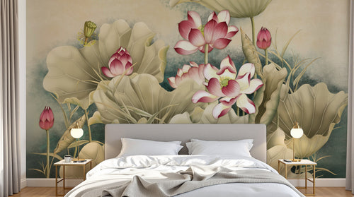 Design FC216 — Papier peint Lotus rose feuilles vert pale chinoiserie — Novomur