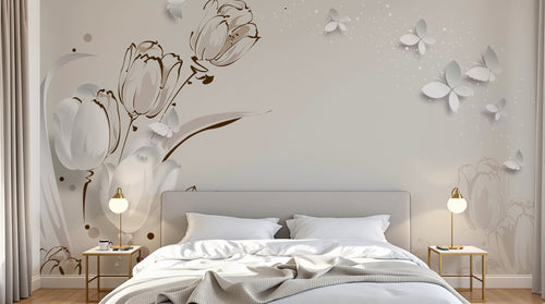 Design FC239 — Papier peint Tulipes blanches papillons fond beige — Novomur