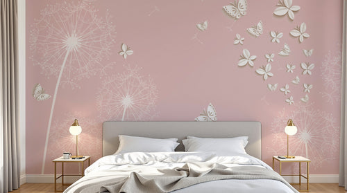 Design FC240 — Papier peint Pissenlits blancs papillons rose pale — Novomur