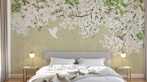 Design FC268 — Papier peint Cascade fleurs blanches vertes colibri — Novomur