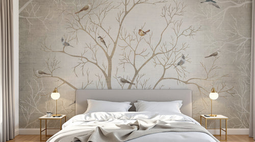 Design FC269 — Papier peint Grand arbre nu oiseaux brume — Novomur