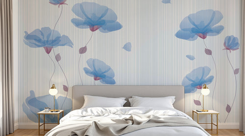 Design FC355 — Papier peint Fleurs bleues transparentes rayures pastel — Novomur
