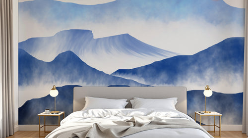 Design FC380 — Papier peint Montagnes brume bleu soleil rouge — Novomur