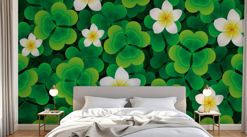 Design FC482 — Papier peint Trefles vert vif et frangipaniers blancs — Novomur