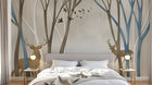 Design FC510 — Papier peint Foret cerfs et oiseaux silhouette beige bleu — Novomur