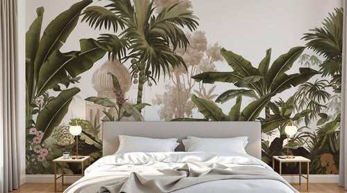 Design L0093 — Papier peint Jungle vintage palmiers et pagode — Novomur