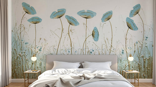Design L0345 — Papier peint Coquelicots bleus prairie 3D relief — Novomur