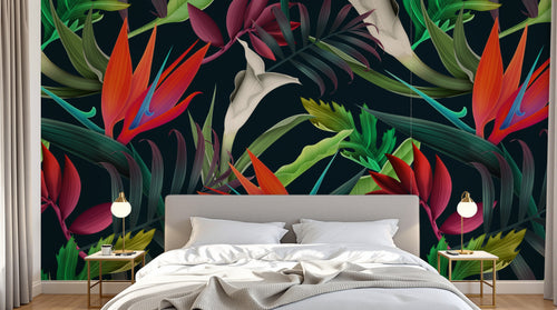 Design L0359 — Papier peint Fleurs tropicales rouges et calla fond fonce — Novomur