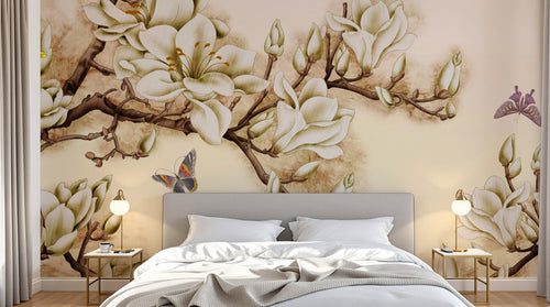 Design L0467 — Papier peint Magnolias blancs et papillon fond beige — Novomur