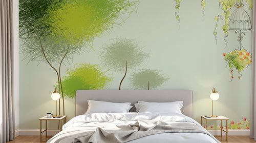 Design L0604 — Papier peint Arbres griffonnes vert cage oiseaux — Novomur