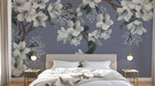 Design L0632 — Papier peint Cerisier fleurs blanches fond bleu gris — Novomur