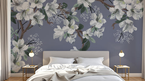 Design L0632 — Papier peint Cerisier fleurs blanches fond bleu gris — Novomur