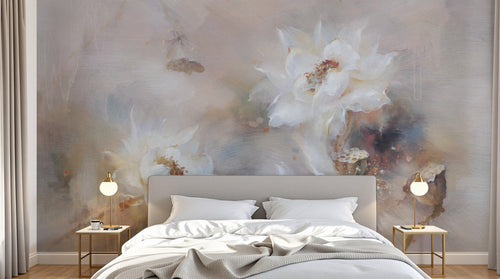 Design L0649 — Papier peint Roses blanches peinture artistique tons beige — Novomur