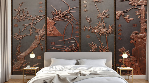 Design L0684 — Papier peint Quatre nobles plantes relief cuivre — Novomur