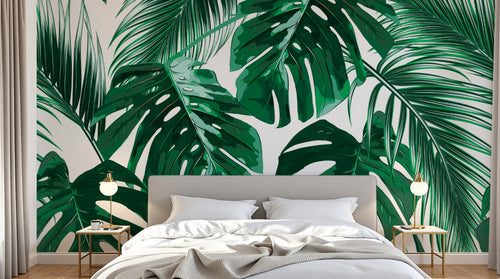 Design L0859 — Papier peint Monstera et palmes vert eclatant fond blanc — Novomur