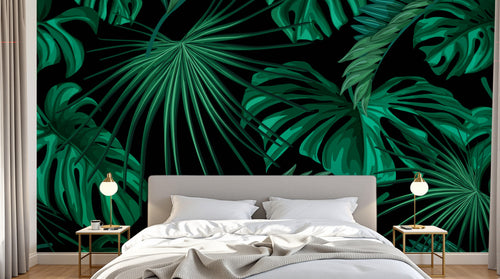 Design L0944 — Papier peint Monstera vert emeraude fond noir — Novomur